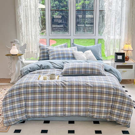 91家纺网 家纺一手货源 找家纺 （总）2024最新款无印良品风双拼全棉色织水洗棉加牛奶绒单品被套简约风全棉拼牛奶绒被套