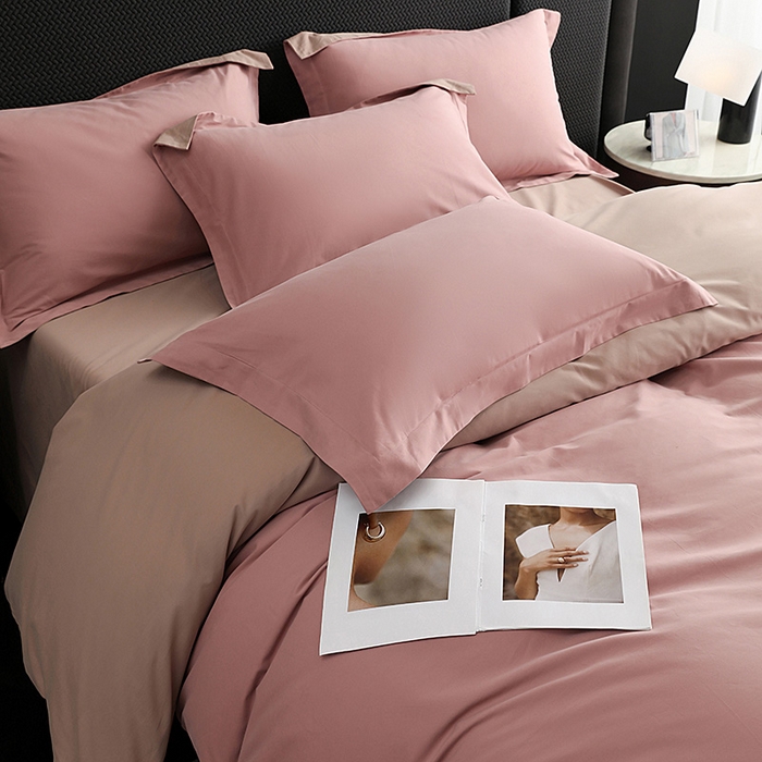 91家纺网 家纺一手货源 找家纺 莱阁亿 2025秋冬新款高支高密全棉纯棉磨毛双拼纯色单被套被套单件 莲红&拿铁