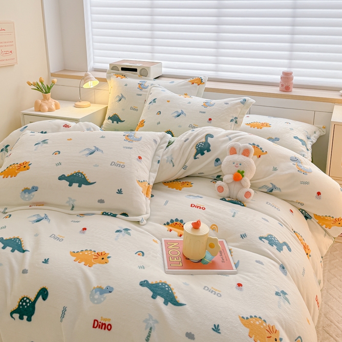 91家纺网 家纺一手货源 找家纺 妖妖家纺 2024新款高克重200克印花牛奶绒四件套 恐龙时代