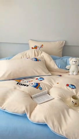 91家纺网 家纺一手货源 找家纺 沐棉 2024新款纯色牛奶绒毛巾绣款四件套 嘟嘟鱼