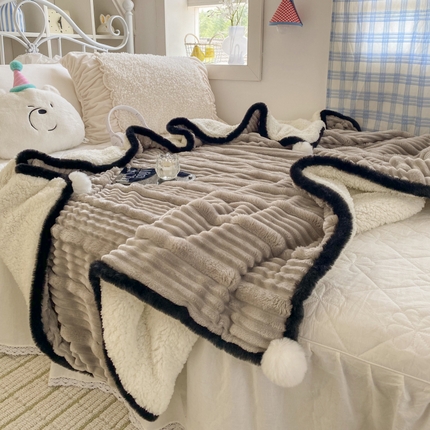 潮邦 2025秋冬子母抽条羊羔绒球毯 子母抽条球毯-灰色