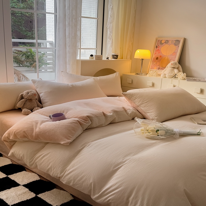 91家纺网 家纺一手货源 找家纺 2024最新无印良品风双拼全棉色织水洗棉加牛奶绒四件套简约全棉拼牛奶绒 棉+绒-米密条