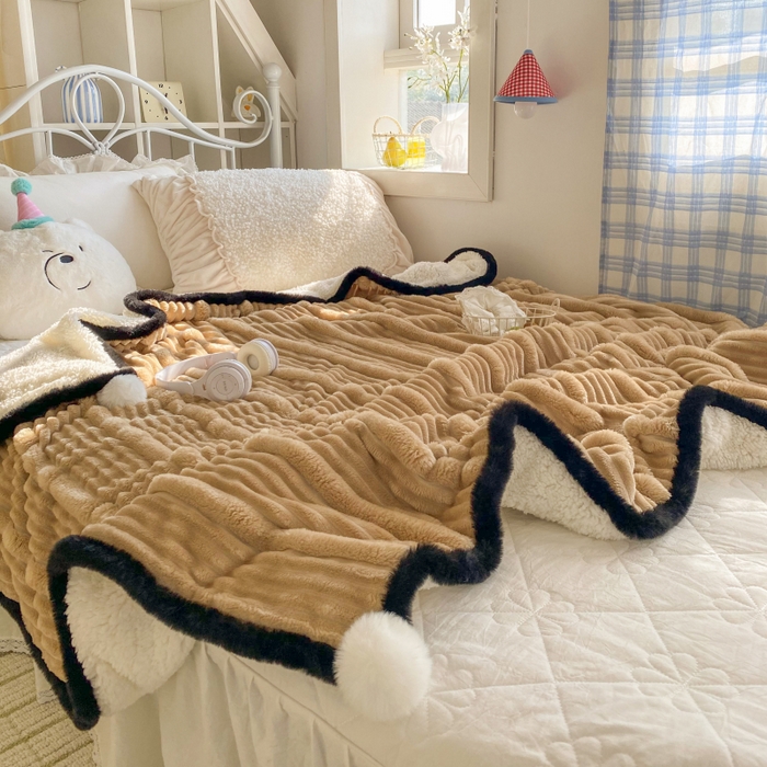 91家纺网 家纺一手货源 找家纺 潮邦 2025秋冬子母抽条羊羔绒球毯 子母抽条球毯-驼色