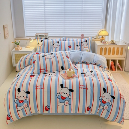 91家纺网 家纺一手货源 找家纺 妖妖家纺 2024新款高克重200克印花牛奶绒四件套 俏皮狗狗