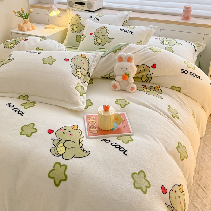 91家纺网 家纺一手货源 找家纺 妖妖家纺 2024新款高克重200克印花牛奶绒四件套 酷酷恐龙