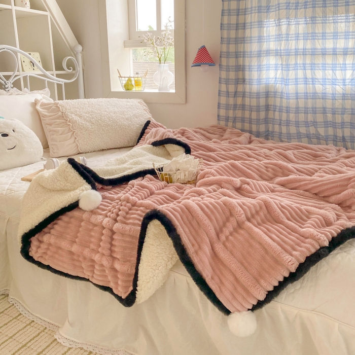 91家纺网 家纺一手货源 找家纺 潮邦 2025秋冬子母抽条羊羔绒球毯 子母抽条球毯-粉色