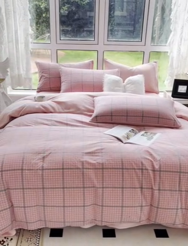 91家纺网 家纺一手货源 找家纺 2024最新无印良品风双拼全棉色织水洗棉加牛奶绒四件套简约全棉拼牛奶绒 棉+绒-瓦尔粉