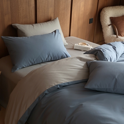 91家纺网 家纺一手货源 找家纺 久典家居 2024新款100支长绒棉磨毛纯色双拼四件套 挪威蓝双拼