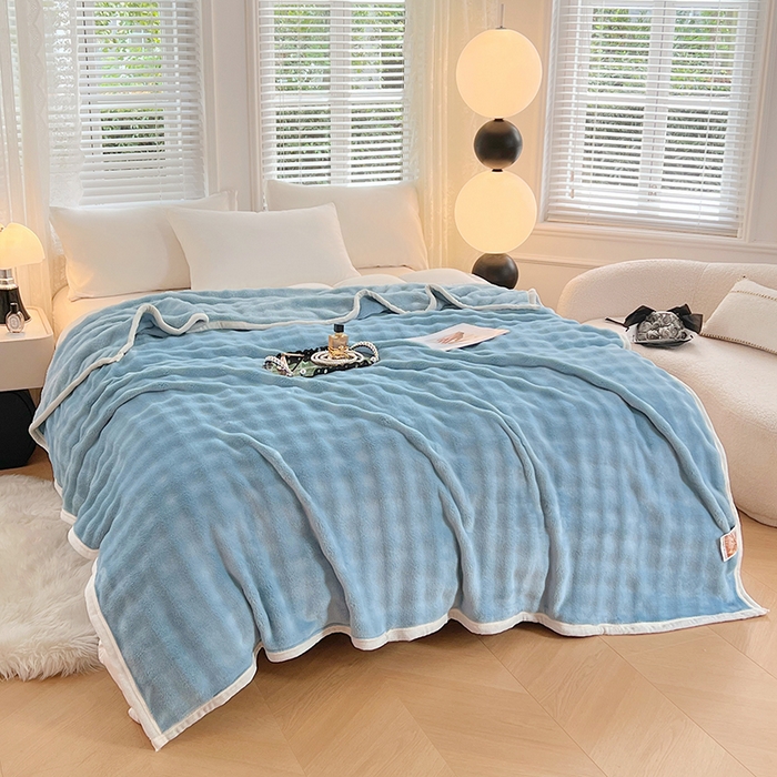 91家纺网 家纺一手货源 找家纺 贝拉梦家纺 2024新款加厚保暖托卡斯兔毛绒毛毯多功能毯子保暖盖毯 空境蓝