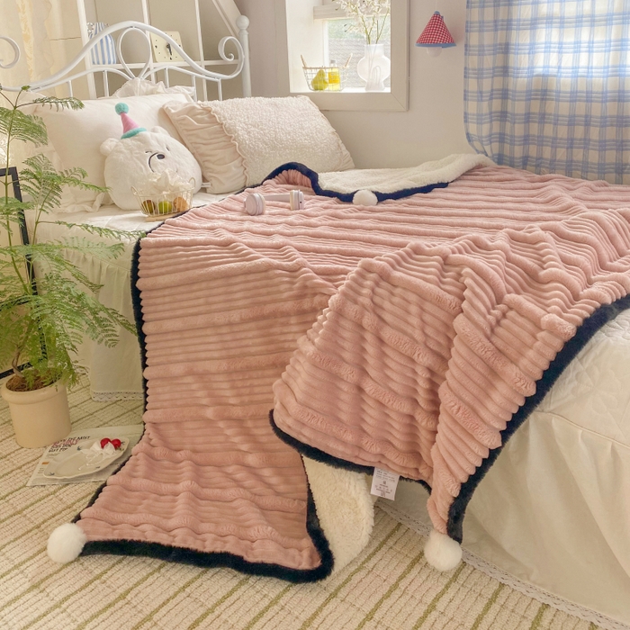 91家纺网 家纺一手货源 找家纺 潮邦 2025秋冬子母抽条羊羔绒球毯 子母抽条球毯-粉色