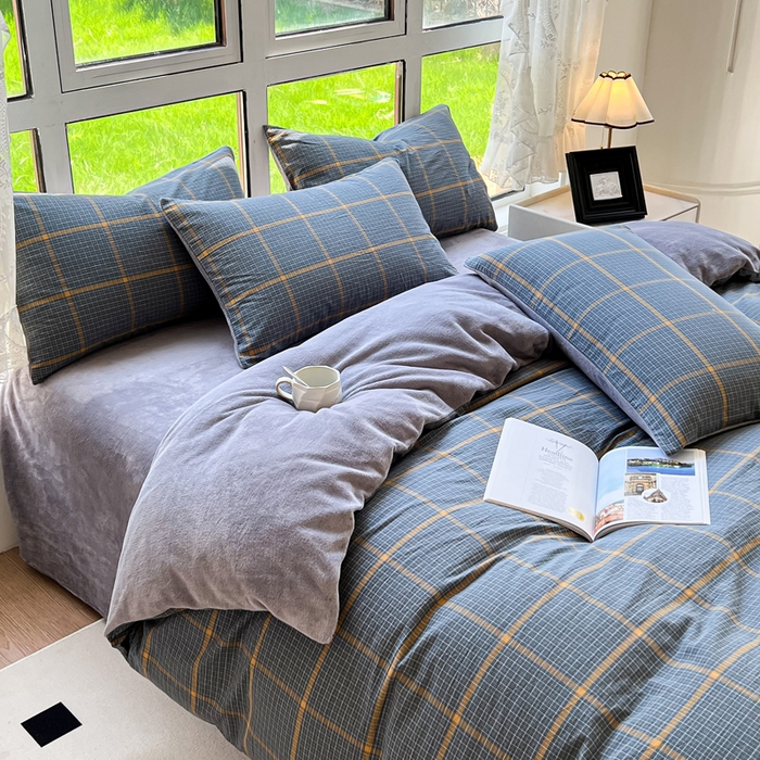 91家纺网 家纺一手货源 找家纺 2024最新款无印良品风双拼全棉色织水洗棉加牛奶绒单品被套简约风全棉拼牛奶绒被套 棉+绒-瓦尔灰