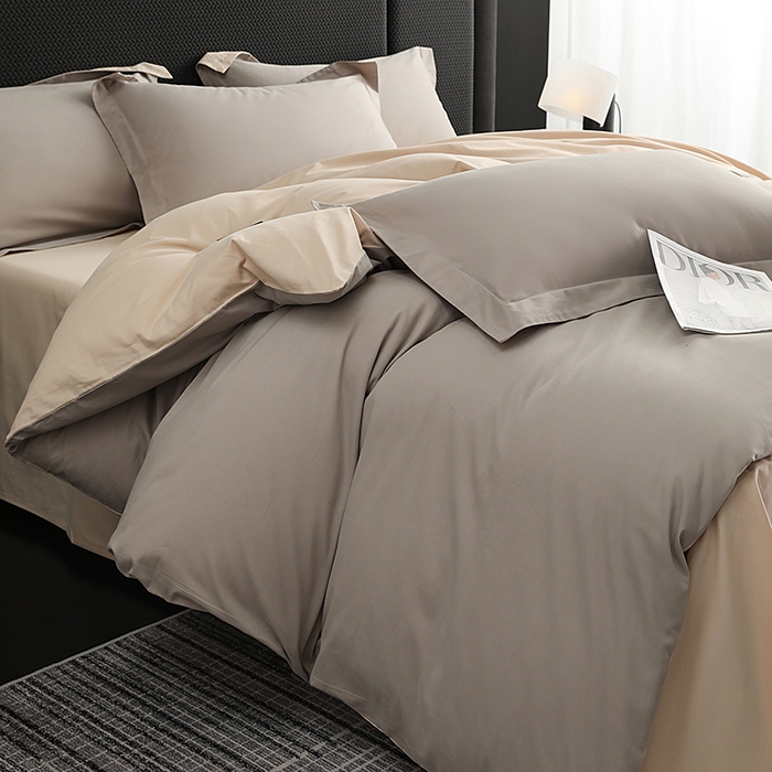 91家纺网 家纺一手货源 找家纺 莱阁亿 2025秋冬新款高支高密全棉纯棉磨毛双拼纯色单被套被套单件 大麦灰&粉糖