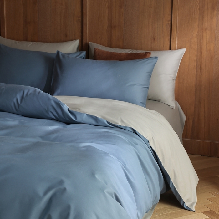 91家纺网 家纺一手货源 找家纺 久典家居 2024新款100支长绒棉磨毛纯色双拼四件套 挪威蓝双拼