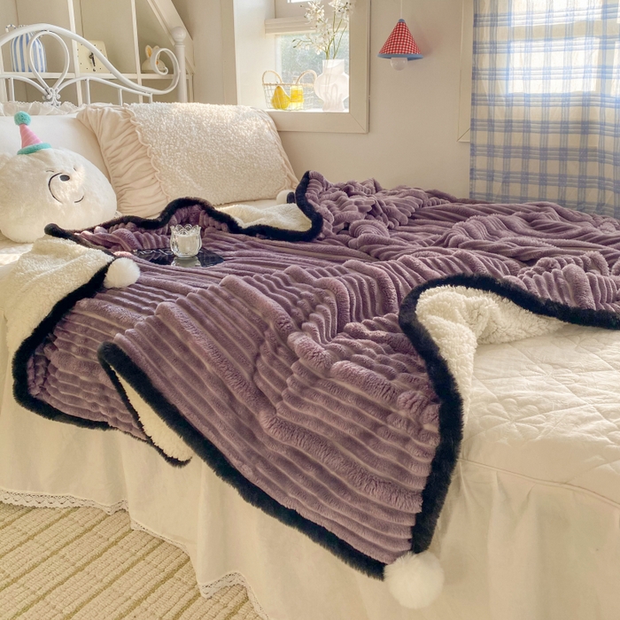 91家纺网 家纺一手货源 找家纺 潮邦 2025秋冬子母抽条羊羔绒球毯 子母抽条球毯-紫色