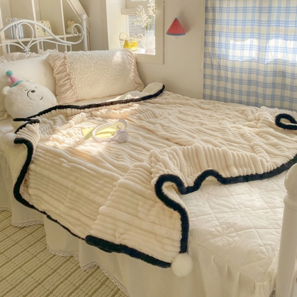 潮邦 2025秋冬子母抽条羊羔绒球毯 子母抽条球毯-白色