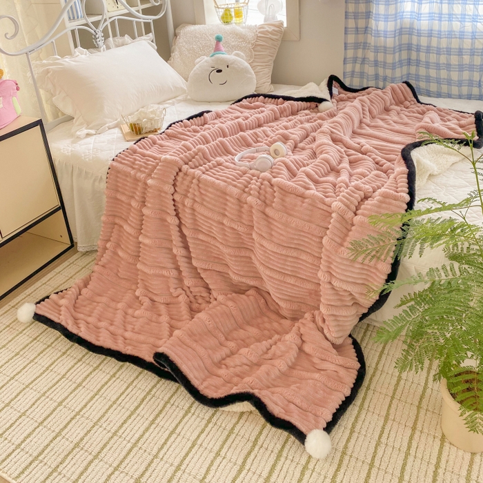 91家纺网 家纺一手货源 找家纺 潮邦 2025秋冬子母抽条羊羔绒球毯 子母抽条球毯-粉色