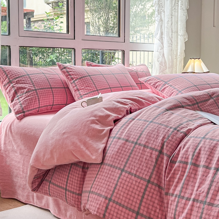 91家纺网 家纺一手货源 找家纺 2024最新无印良品风双拼全棉色织水洗棉加牛奶绒四件套简约全棉拼牛奶绒 棉+绒-瓦尔粉