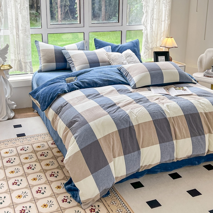 91家纺网 家纺一手货源 找家纺 2024最新无印良品风双拼全棉色织水洗棉加牛奶绒四件套简约全棉拼牛奶绒 棉+绒-蓝调格