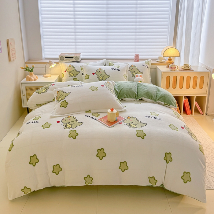 91家纺网 家纺一手货源 找家纺 妖妖家纺 2024新款高克重200克印花牛奶绒四件套 酷酷恐龙