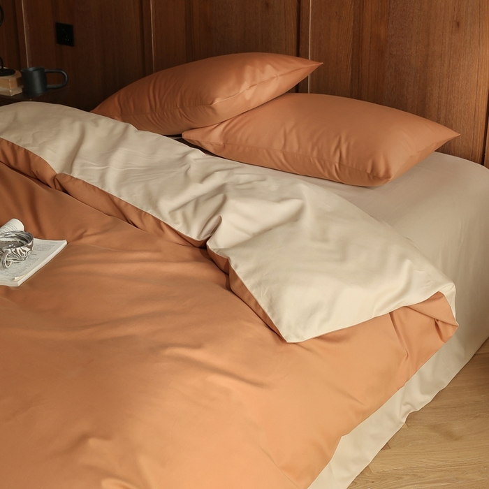 91家纺网 家纺一手货源 找家纺 久典家居 2024新款100支长绒棉磨毛纯色双拼四件套 探戈橘双拼