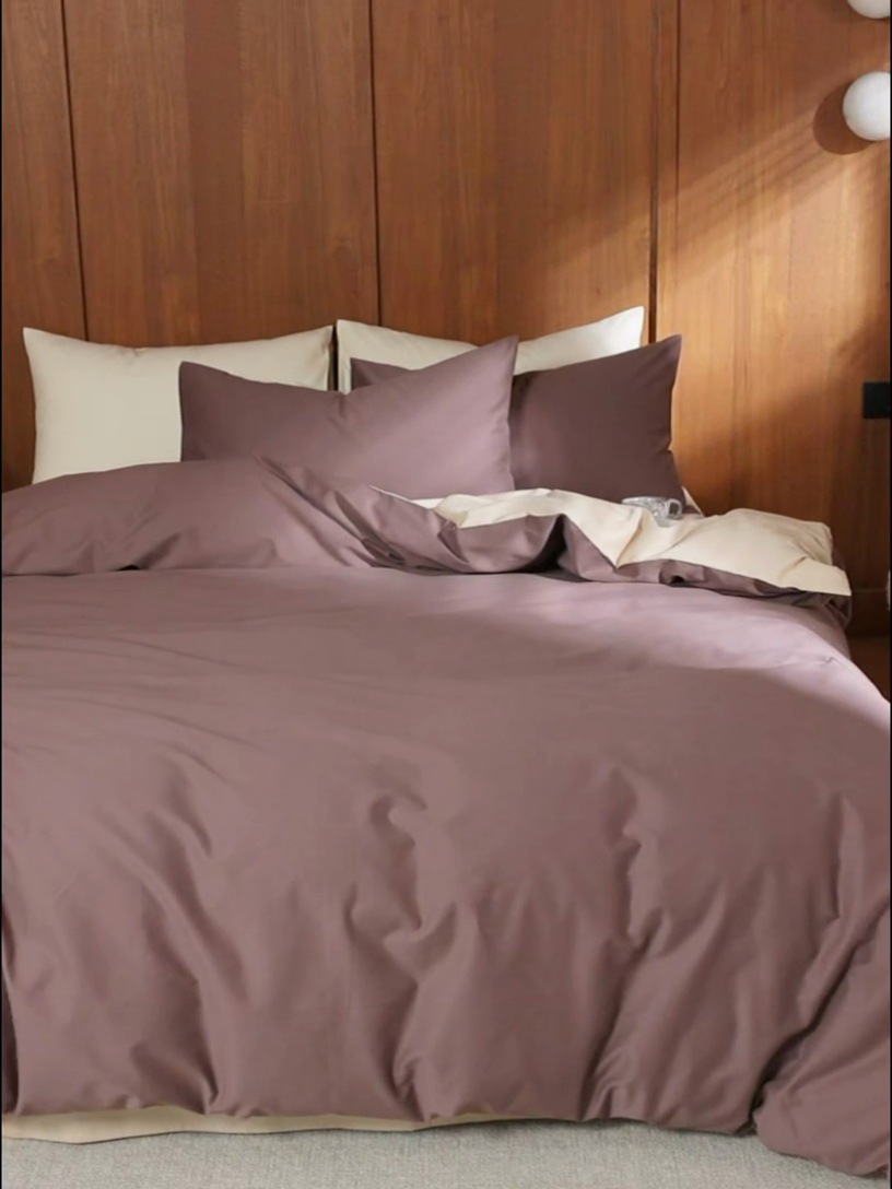 91家纺网 家纺一手货源 找家纺 久典家居 2024新款100支长绒棉磨毛纯色双拼四件套 咖啡色双拼