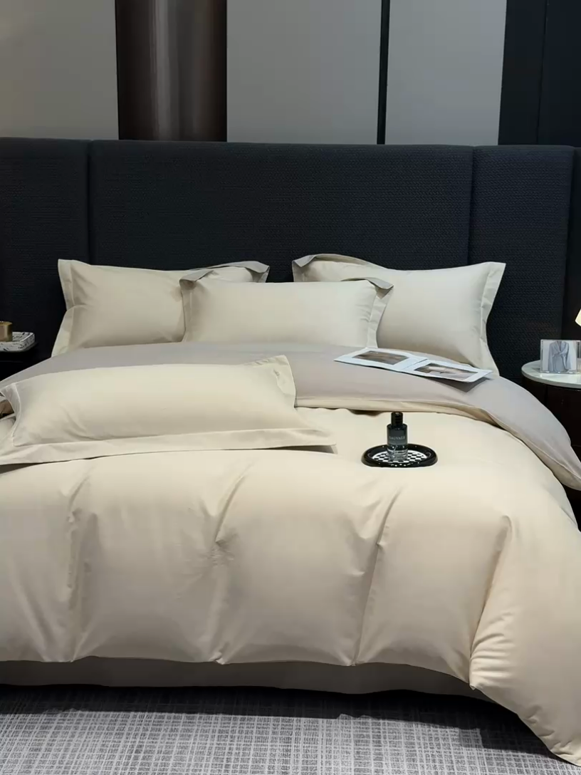 91家纺网 家纺一手货源 找家纺 莱阁亿 2025秋冬新款高支高密全棉纯棉磨毛双拼纯色单被套被套单件 可可奶棕&布莱棕