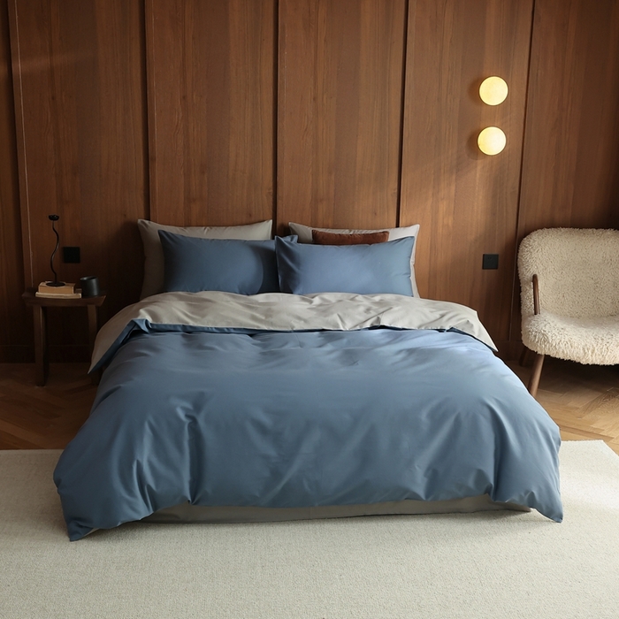 91家纺网 家纺一手货源 找家纺 久典家居 2024新款100支长绒棉磨毛纯色双拼四件套 挪威蓝双拼