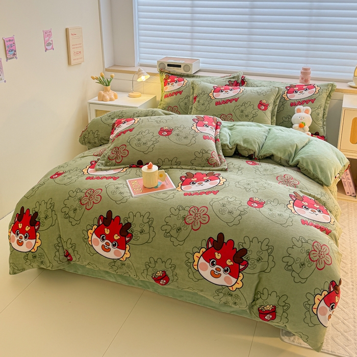 91家纺网 家纺一手货源 找家纺 妖妖家纺 2024新款高克重200克印花牛奶绒四件套 开心龙龙