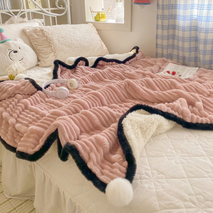 91家纺网 家纺一手货源 找家纺 潮邦 2025秋冬子母抽条羊羔绒球毯 子母抽条球毯-粉色