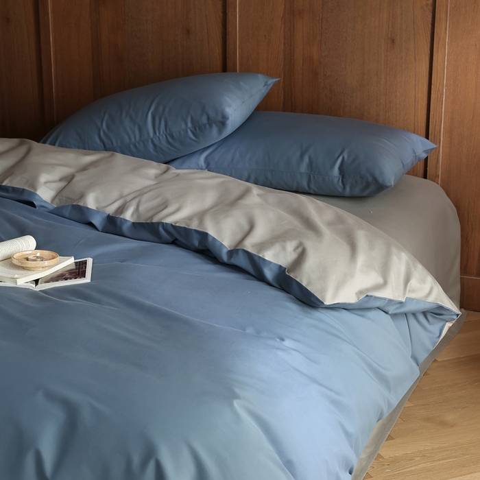 91家纺网 家纺一手货源 找家纺 久典家居 2024新款100支长绒棉磨毛纯色双拼四件套 挪威蓝双拼