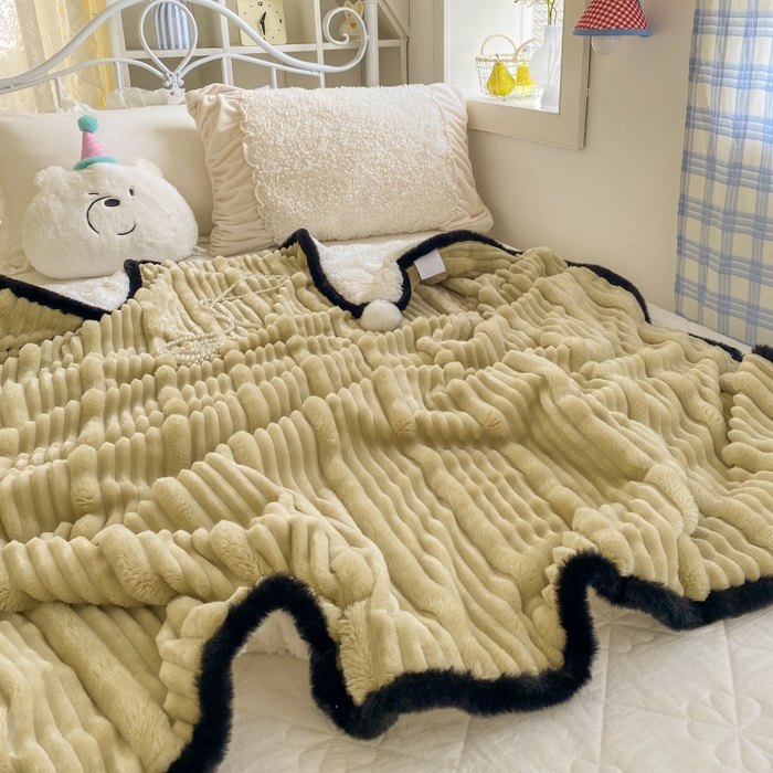 91家纺网 家纺一手货源 找家纺 潮邦 2025秋冬子母抽条羊羔绒球毯 子母抽条球毯-浅咖