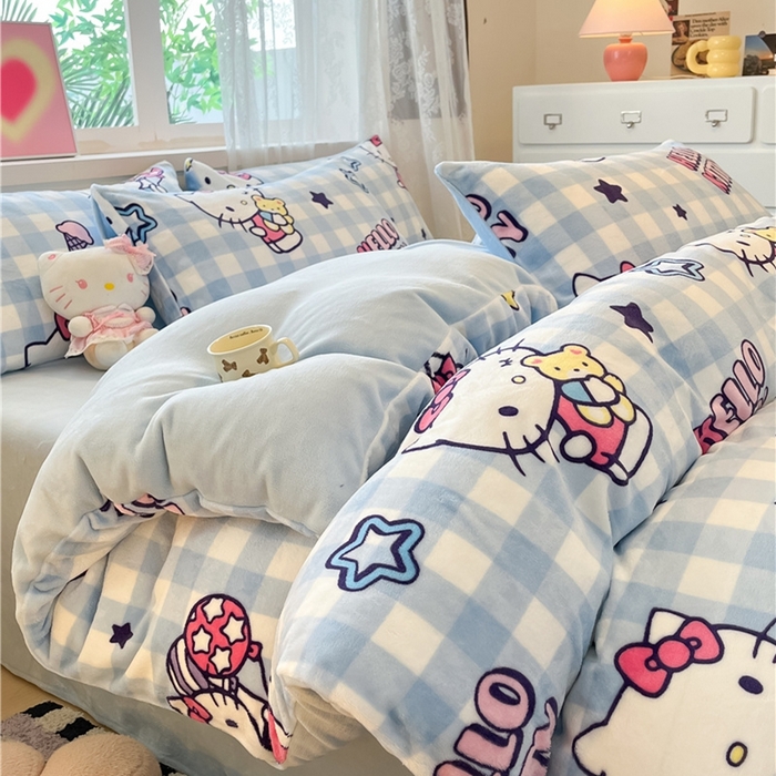 91家纺网 家纺一手货源 找家纺 佰亿莱 2024新款高克重牛奶绒四件套 幸运星kt猫