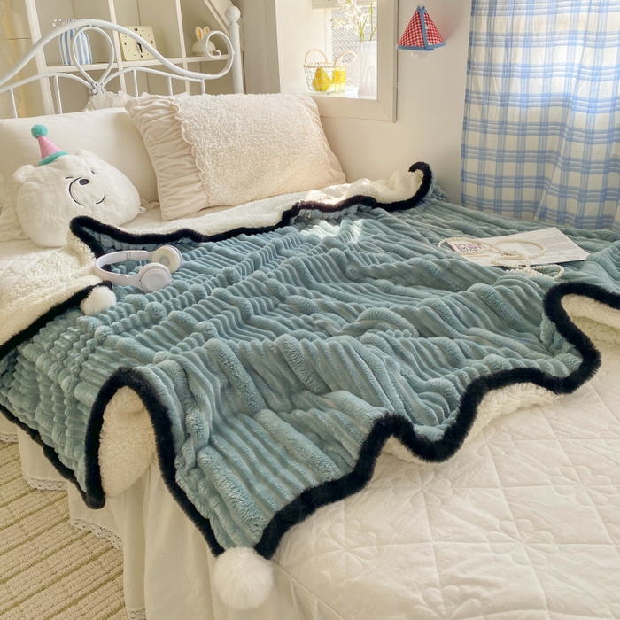 91家纺网 家纺一手货源 找家纺 潮邦 2025秋冬子母抽条羊羔绒球毯 子母抽条球毯-蓝色