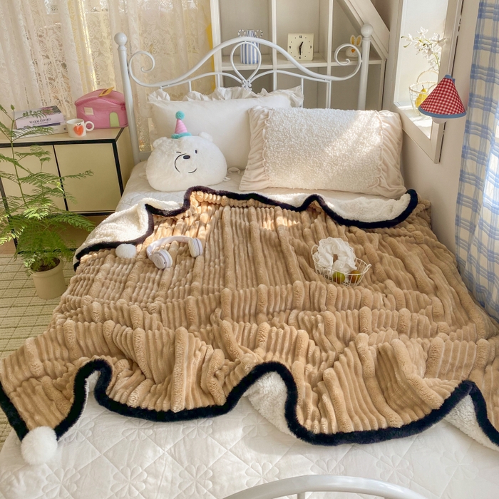 91家纺网 家纺一手货源 找家纺 潮邦 2025秋冬子母抽条羊羔绒球毯 子母抽条球毯-驼色