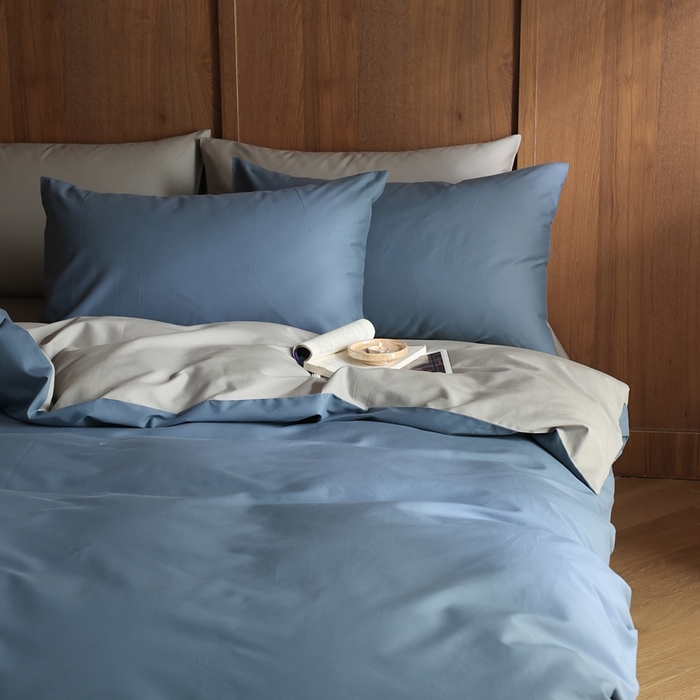 91家纺网 家纺一手货源 找家纺 久典家居 2024新款100支长绒棉磨毛纯色双拼四件套 挪威蓝双拼