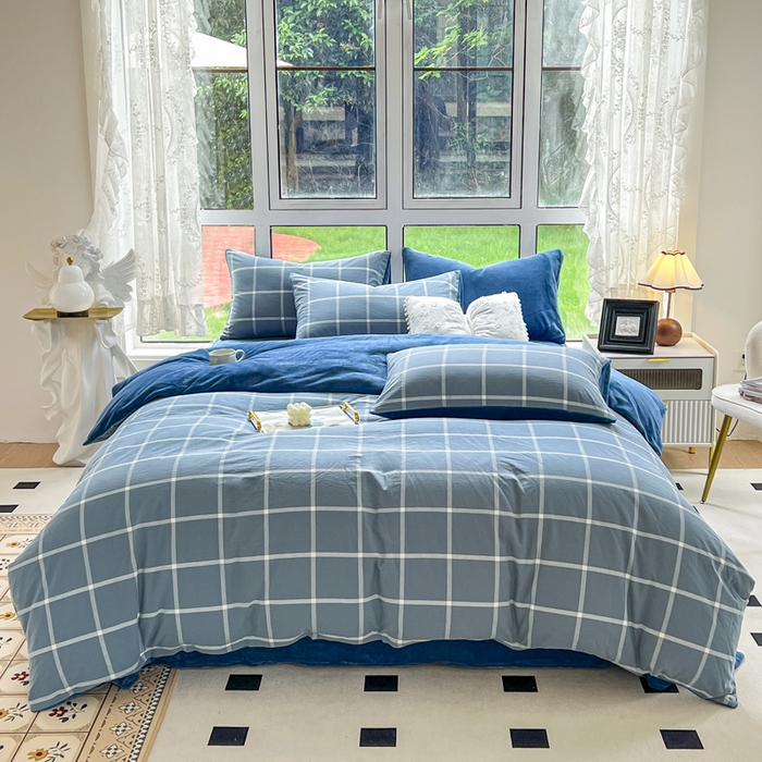 91家纺网 家纺一手货源 找家纺 2024最新款无印良品风双拼全棉色织水洗棉加牛奶绒单品被套简约风全棉拼牛奶绒被套 棉+绒-海蓝大格