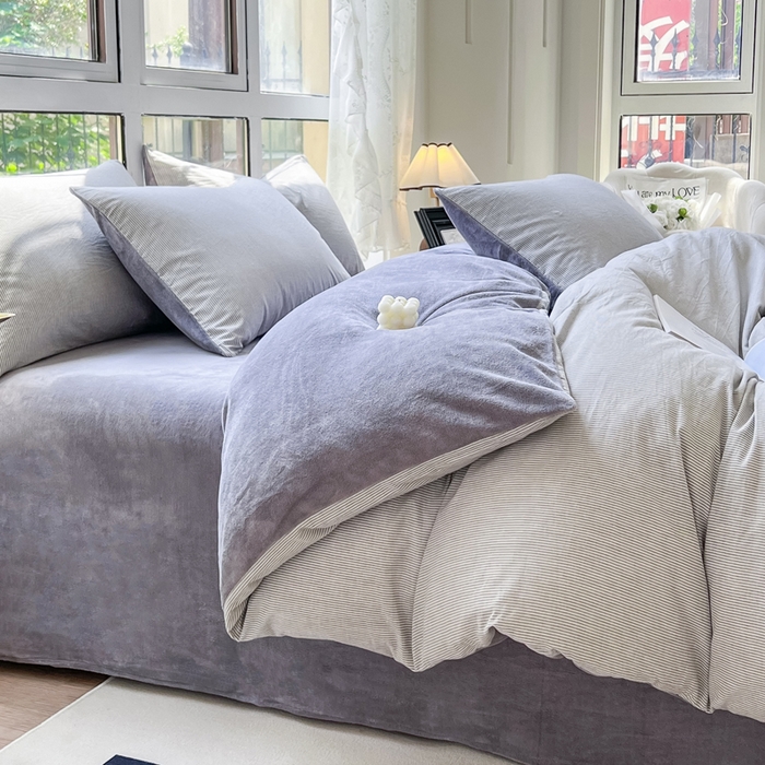 91家纺网 家纺一手货源 找家纺 2024最新无印良品风双拼全棉色织水洗棉加牛奶绒四件套简约全棉拼牛奶绒 棉+绒-灰极细条