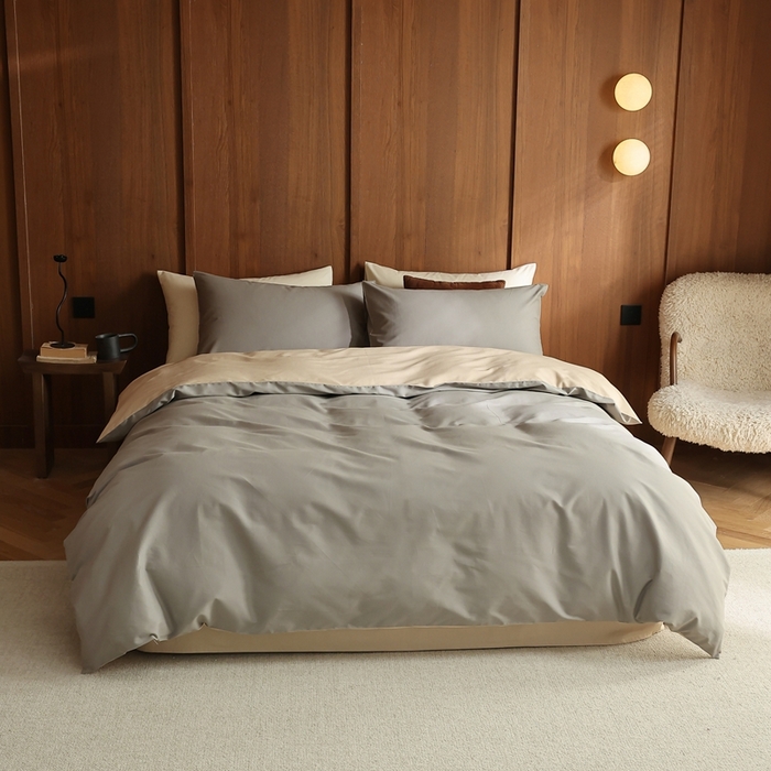 91家纺网 家纺一手货源 找家纺 久典家居 2024新款100支长绒棉磨毛纯色双拼四件套 冰川灰双拼