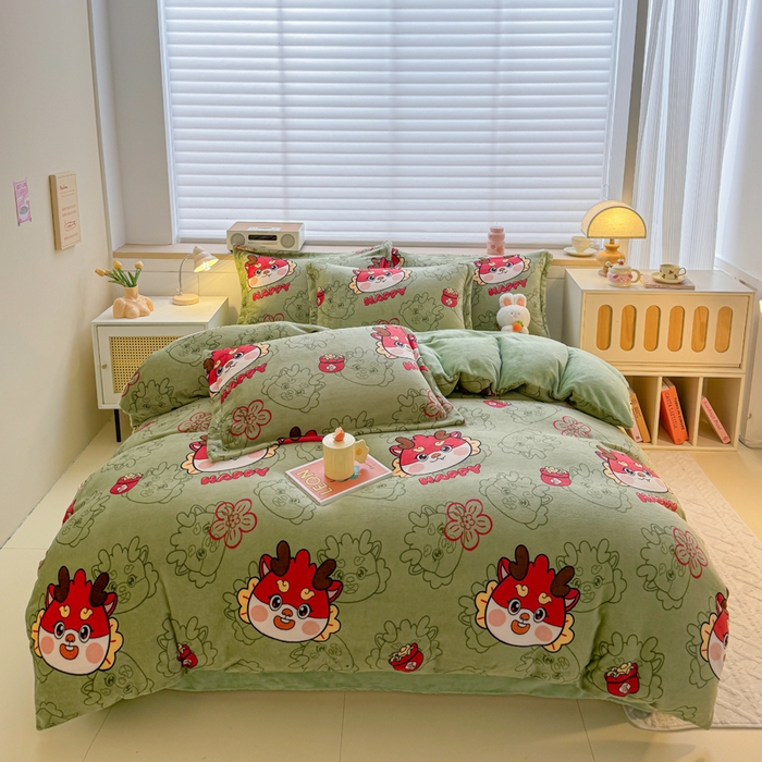 91家纺网 家纺一手货源 找家纺 妖妖家纺 2024新款高克重200克印花牛奶绒四件套 开心龙龙