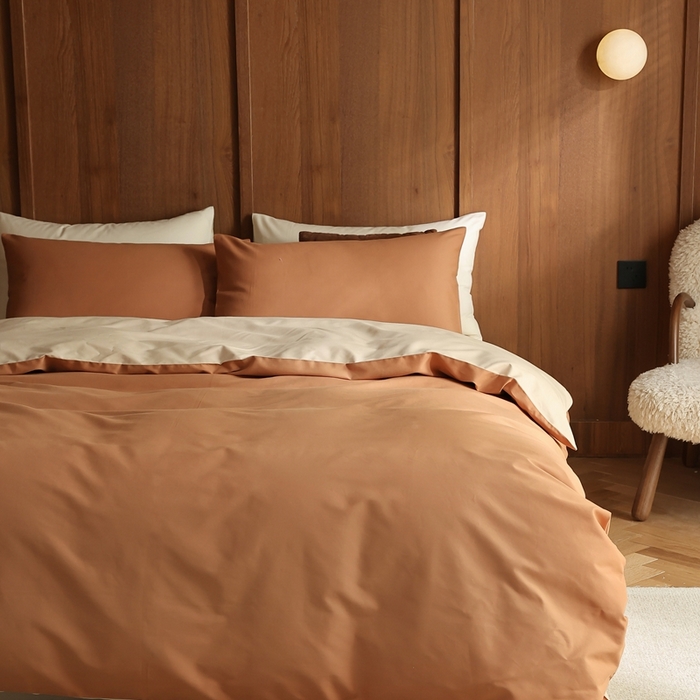 91家纺网 家纺一手货源 找家纺 久典家居 2024新款100支长绒棉磨毛纯色双拼四件套 探戈橘双拼