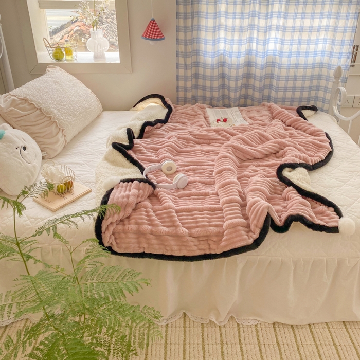 91家纺网 家纺一手货源 找家纺 潮邦 2025秋冬子母抽条羊羔绒球毯 子母抽条球毯-粉色