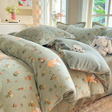 妖妖家纺 2024新款高克重200克印花牛奶绒四件套 兔子与小仙女-绿