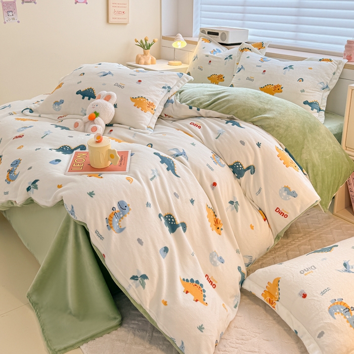 91家纺网 家纺一手货源 找家纺 妖妖家纺 2024新款高克重200克印花牛奶绒四件套 恐龙时代