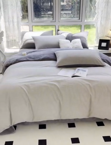 91家纺网 家纺一手货源 找家纺 2024最新款无印良品风双拼全棉色织水洗棉加牛奶绒单品被套简约风全棉拼牛奶绒被套 棉+绒-中条纹深灰