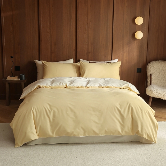 91家纺网 家纺一手货源 找家纺 久典家居 2024新款100支长绒棉磨毛纯色双拼四件套 浅米黄双拼