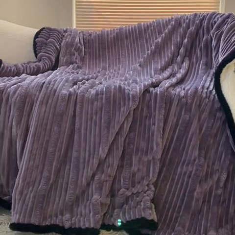 91家纺网 家纺一手货源 找家纺 潮邦 2025秋冬子母抽条羊羔绒球毯 子母抽条球毯-紫色