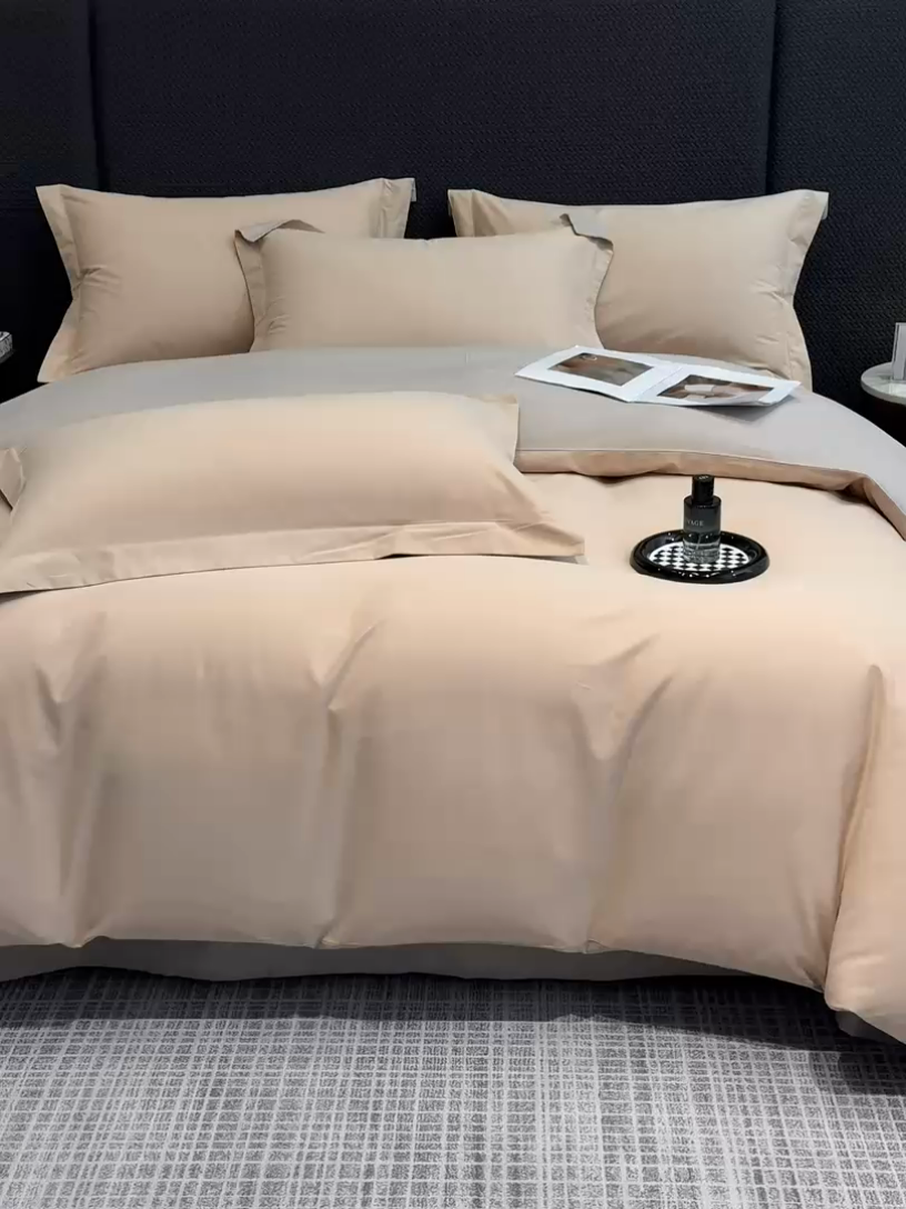 91家纺网 家纺一手货源 找家纺 莱阁亿 2025秋冬新款高支高密全棉纯棉磨毛双拼纯色四件套 粉糖&布莱棕