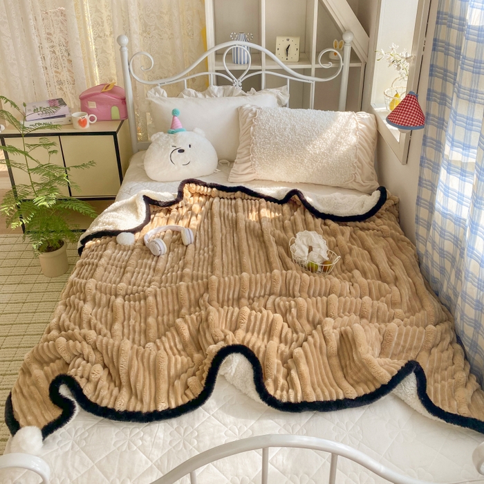 91家纺网 家纺一手货源 找家纺 潮邦 2025秋冬子母抽条羊羔绒球毯 子母抽条球毯-驼色