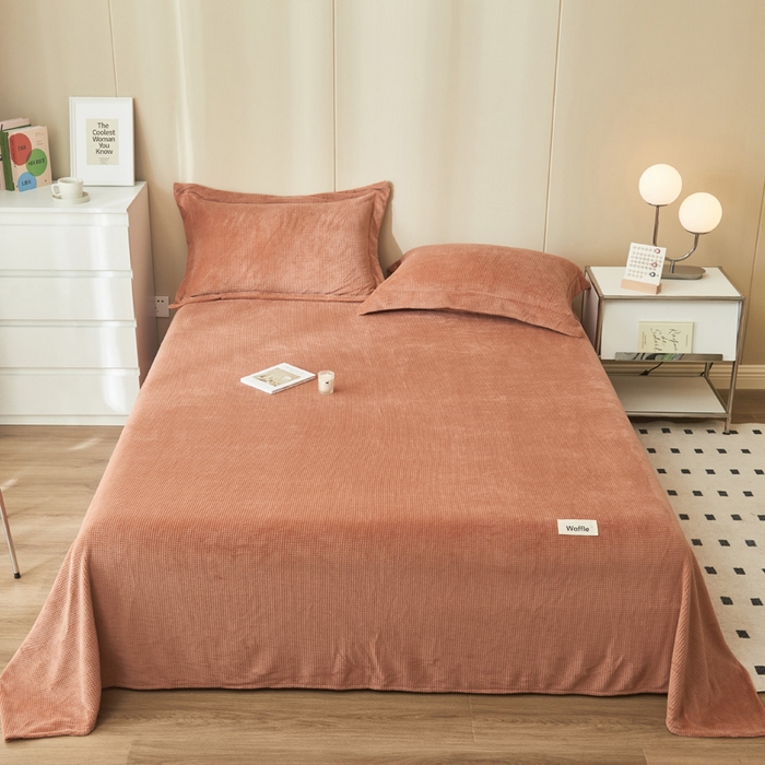 91家纺网 家纺一手货源 找家纺 吾诺家居 2024新款秋冬华夫格牛奶绒单床单系列 焦糖咖