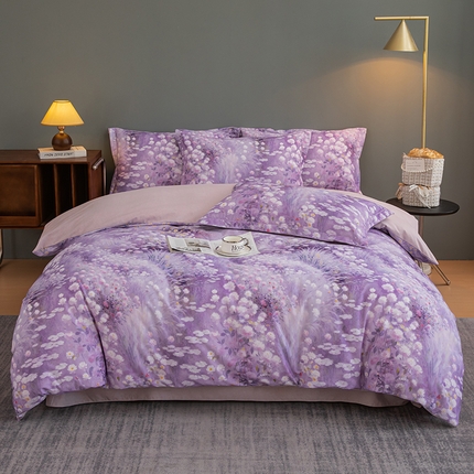 2024新款全棉加厚长绒棉数码印花四件套 春野-紫